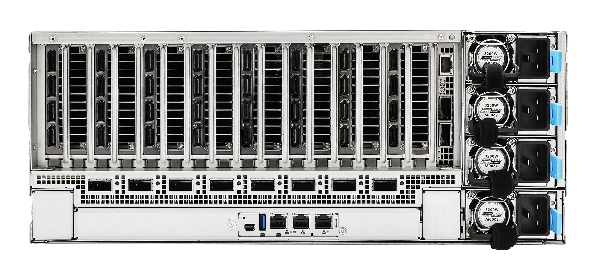 Rear view of the ASRock Rack 4UXGM-GNR2 CX8 server displaying expansion slots, networking ports, and power supply units.